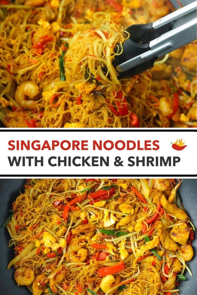 Tongs holding up a bunch of noodles from a wok and a wok with curry rice vermicelli noodles with chicken, shrimp and vegetables. Text Overlay "Singapore Noodles with Chicken & Shrimp".