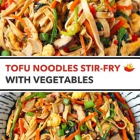 Chopsticks in plate of tofu noodles and top view of plate with stir-fried tofu noodles and vegetables. Text overlay "Tofu Noodles Stir-fry with Vegetables".