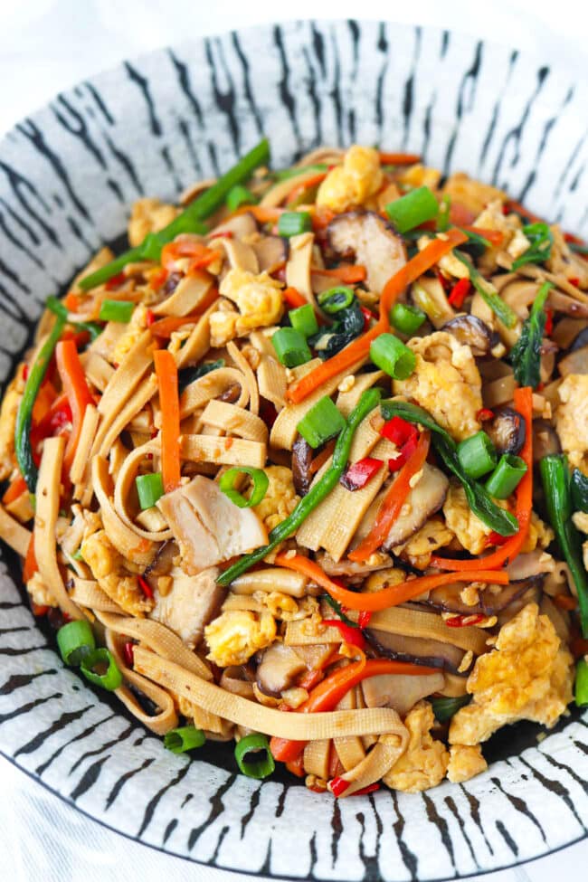 Closeup front view of plate with tofu noodles stir-fry with carrots, mushrooms, spinach, scrambled eggs, chopped turkey and green onions