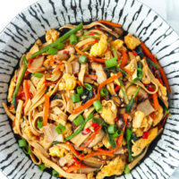 Closeup of plate with stir-fried noodles made from tofu with spinach, mushrooms, carrots, eggs, and turkey.