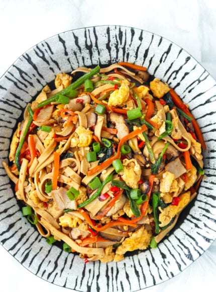 Closeup of plate with stir-fried noodles made from tofu with spinach, mushrooms, carrots, eggs, and turkey.