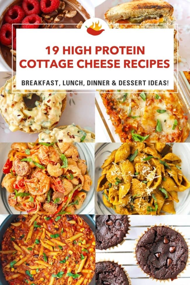 Collage of photos of pasta, desserts and lunch salads made with cottage cheese. Text overlay "19 High Protein Cottage Cheese Recipes" and "Breakfast, Lunch, Dinner & Dessert Ideas!".