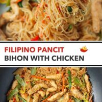 Rice vermicelli noodles stir-fry on a fork and chicken pansit bihon in wok. Text overlay "Filipino Pancit Bihon with Chicken".