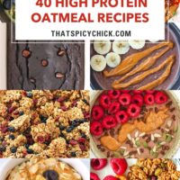 Collage of oatmeal recipes. Text overlay "40 High Protein Oatmeal Recipes" and "thatspicychick.com."