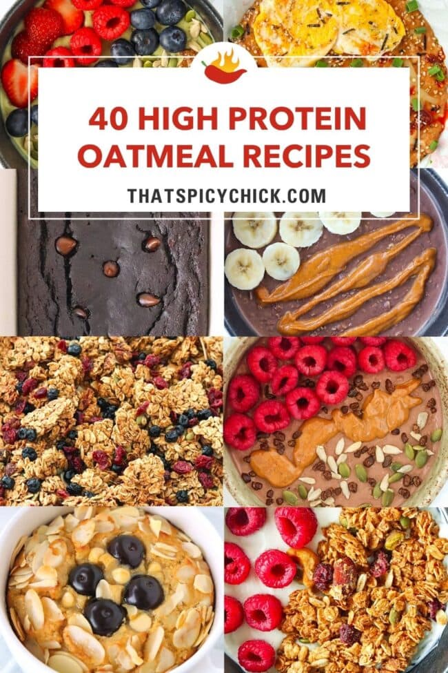 Collage of oatmeal recipes. Text overlay "40 High Protein Oatmeal Recipes" and "thatspicychick.com."