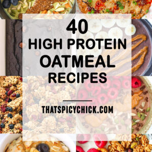 Collage of oatmeal breakfast food photos. Text overlay "40 High Protein Oatmeal Recipes" and "thatspicychick.com."
