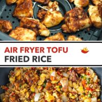 Air fryer tofu in an air fryer basket and tofu fried rice with scrambled eggs and vegetables in a wok. Text overlay "Air Fryer Tofu Fried Rice".