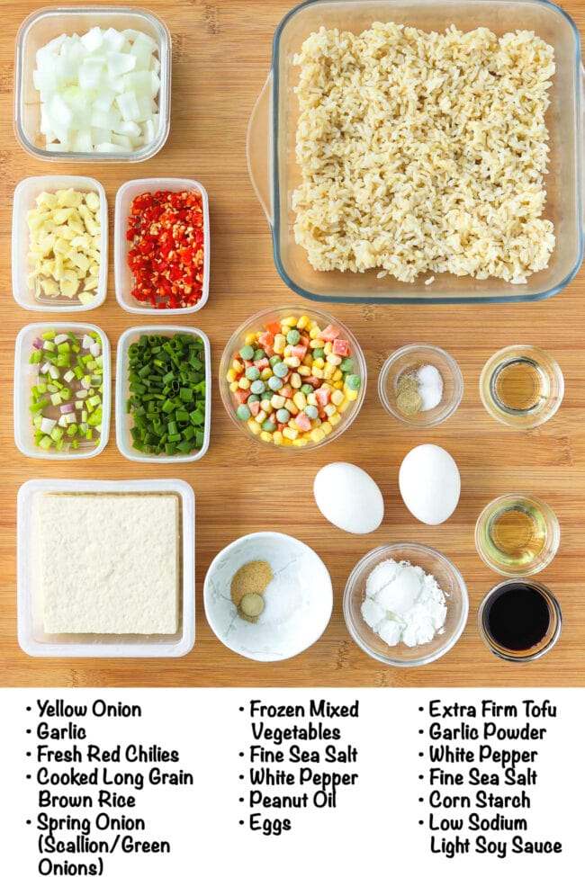 Labeled ingredients for Air Fryer Tofu Fried Rice.