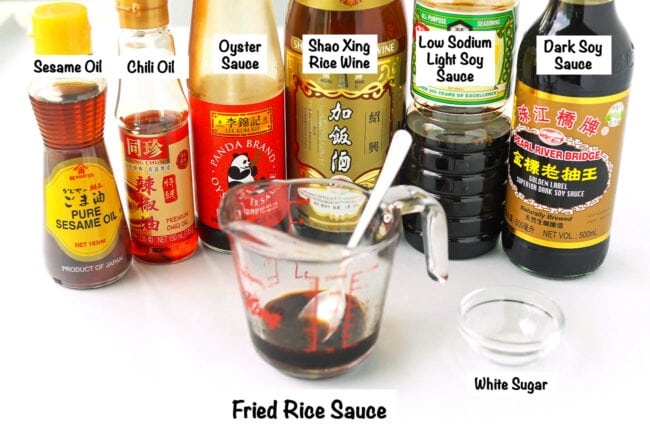 Labeled ingredients for tofu fried rice sauce.
