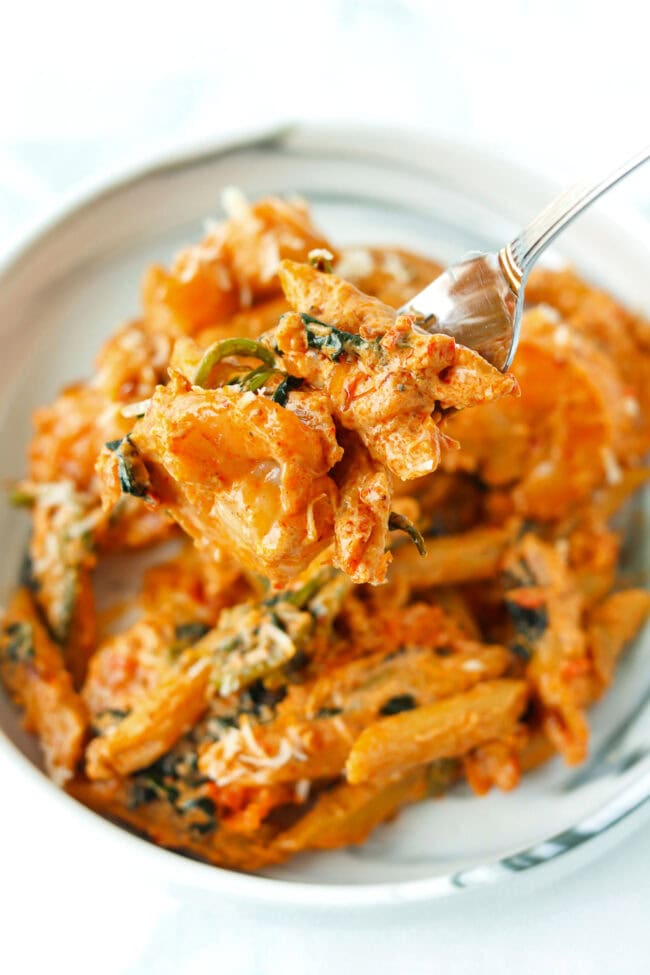 Fork holding up a bite of creamy kimchi pasta and shrimp over a plate.