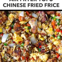 Closeup of air fryer tofu fried rice with eggs and vegetables in a wok. Text overlay "Quick and Easy!" and "Air Fryer Tofu Chinese Fried Rice".