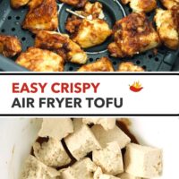 Basket with air fried tofu and bowl with torn tofu chunks and marinade. Text overlay "Easy Crispy Air Fryer Tofu".