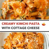 Fork with a bite of shrimp pasta and plate kimchi pasta and shrimp topped with parmesan. Text overlay "Creamy Kimchi Pasta with Cottage Cheese".
