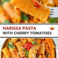 Fork holding up rigatoni pasta and plate with harissa and cherry tomato sauce pasta with spinach and basil. Text overlay "Harissa Pasta with Cherry Tomatoes.
