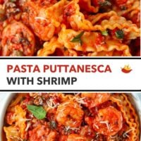 Closeup front view of fork in plate with tomato sauce pasta plate with shrimp pasta topped with grated cheese and basil leaves. Text overlay "Pasta Puttanesca with Shrimp".