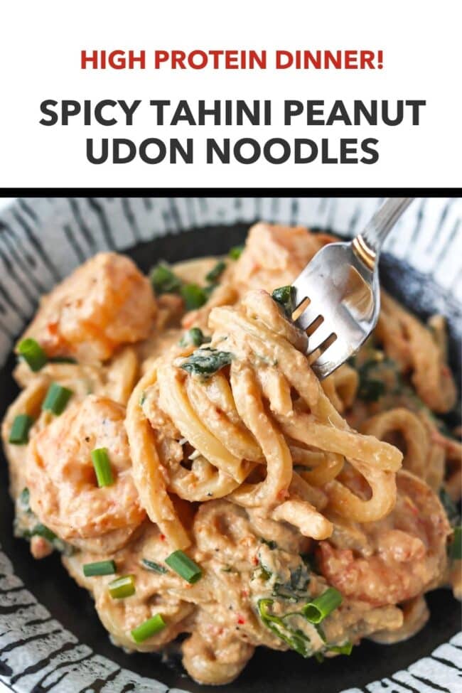 Fork pulling up a bite of creamy udon noodles from a plate. Text overlay "High Protein Dinner!" and "Spicy Tahini Peanut Udon Noodles".
