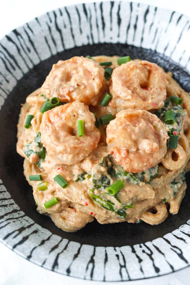 Closeup front view of plate with Spicy Tahini Peanut Udon Noodles with shrimp.